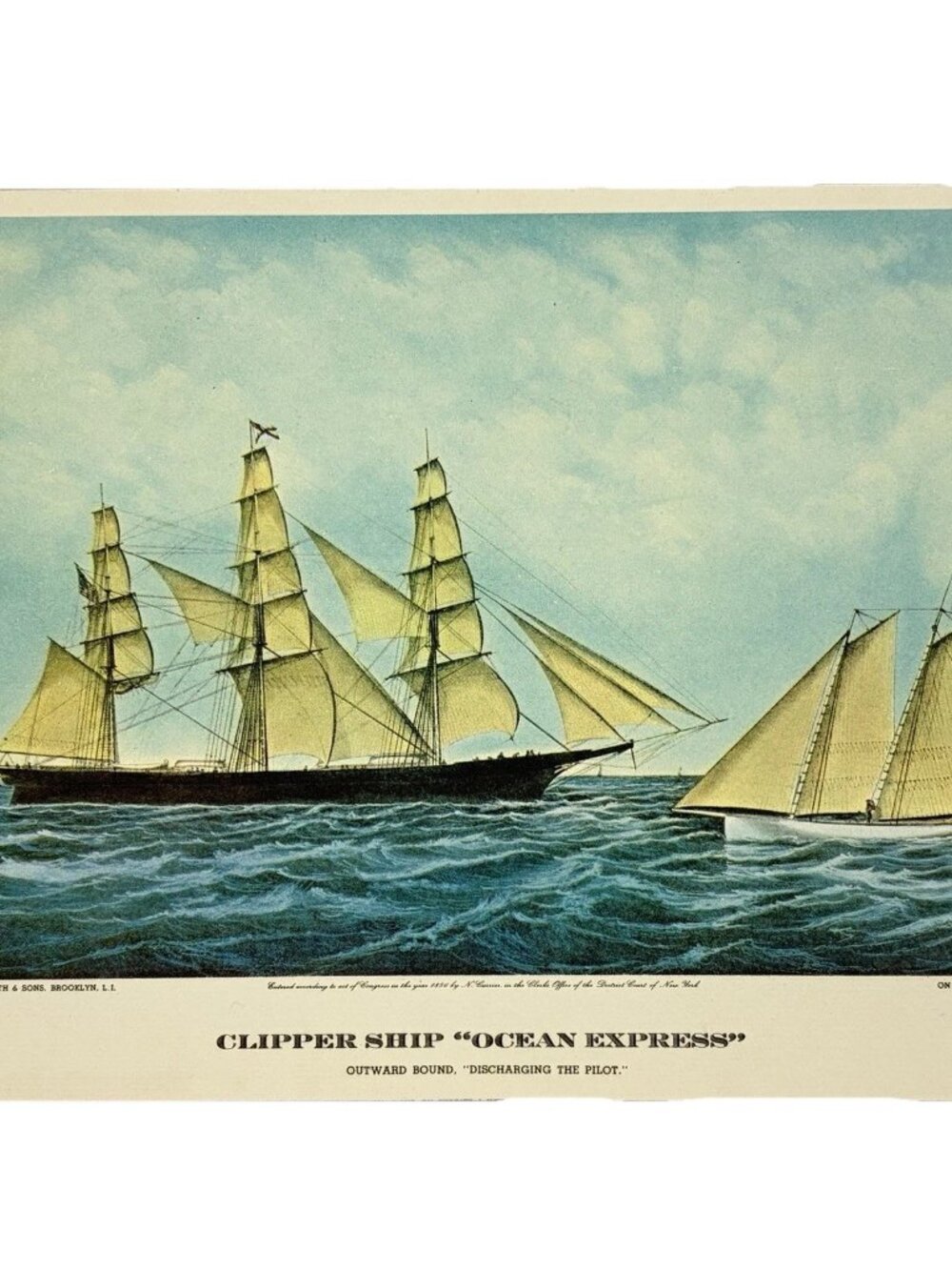 VTG Clipper Ship Ocean Express Outward Bound Nautical Print Currier Ives Style